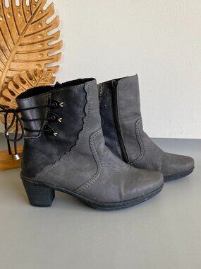 Rieker 74973 Grey Black Mixed Media Corset Lace Ankle Boots Size 39 / US 8-8.5